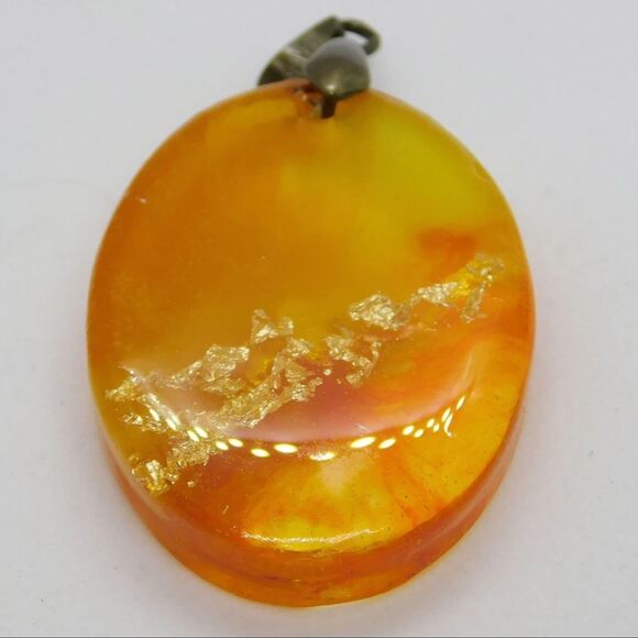 Handmade Orange Sunset Gold Leaf Oval Resin Cast Pendant Necklace - Picture 7 of 10